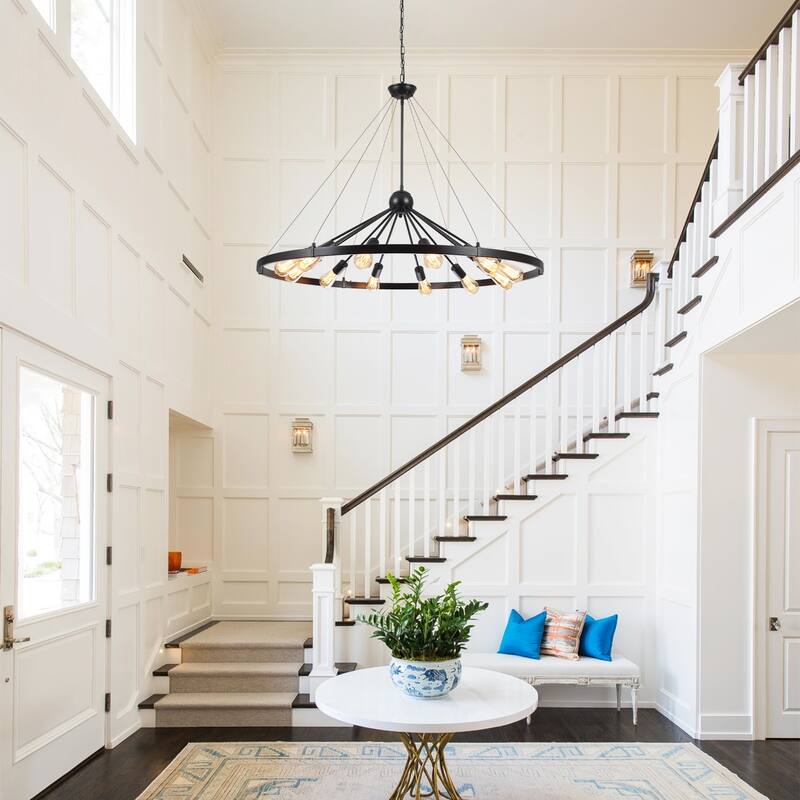 12-Light W43.3" x H90.55" Wagon Wheel Chandelier for Study Bedroom