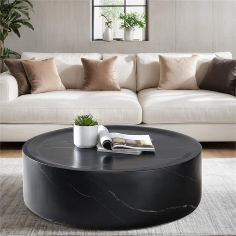 31.49" Sturdy Fiberglass Round Coffee Table with Large Storage - Black