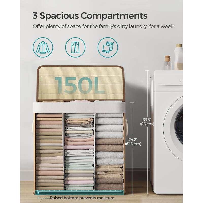 Laundry Hamper, 39.6 Gallons (150L),3-Section Laundry Basket, Laundry Hamper with Lid, Bamboo,Removable & Machine Washable Liner