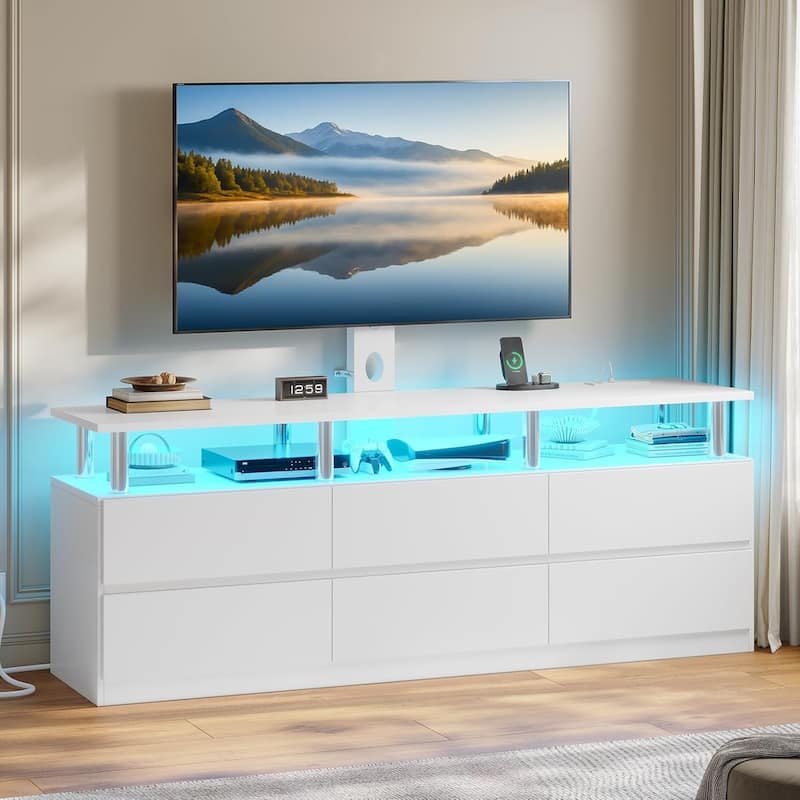 LED TV Stand with Mount Power Outlet TV Mount for 32 to 75 in TVs Drawers - White - 6 Drawers