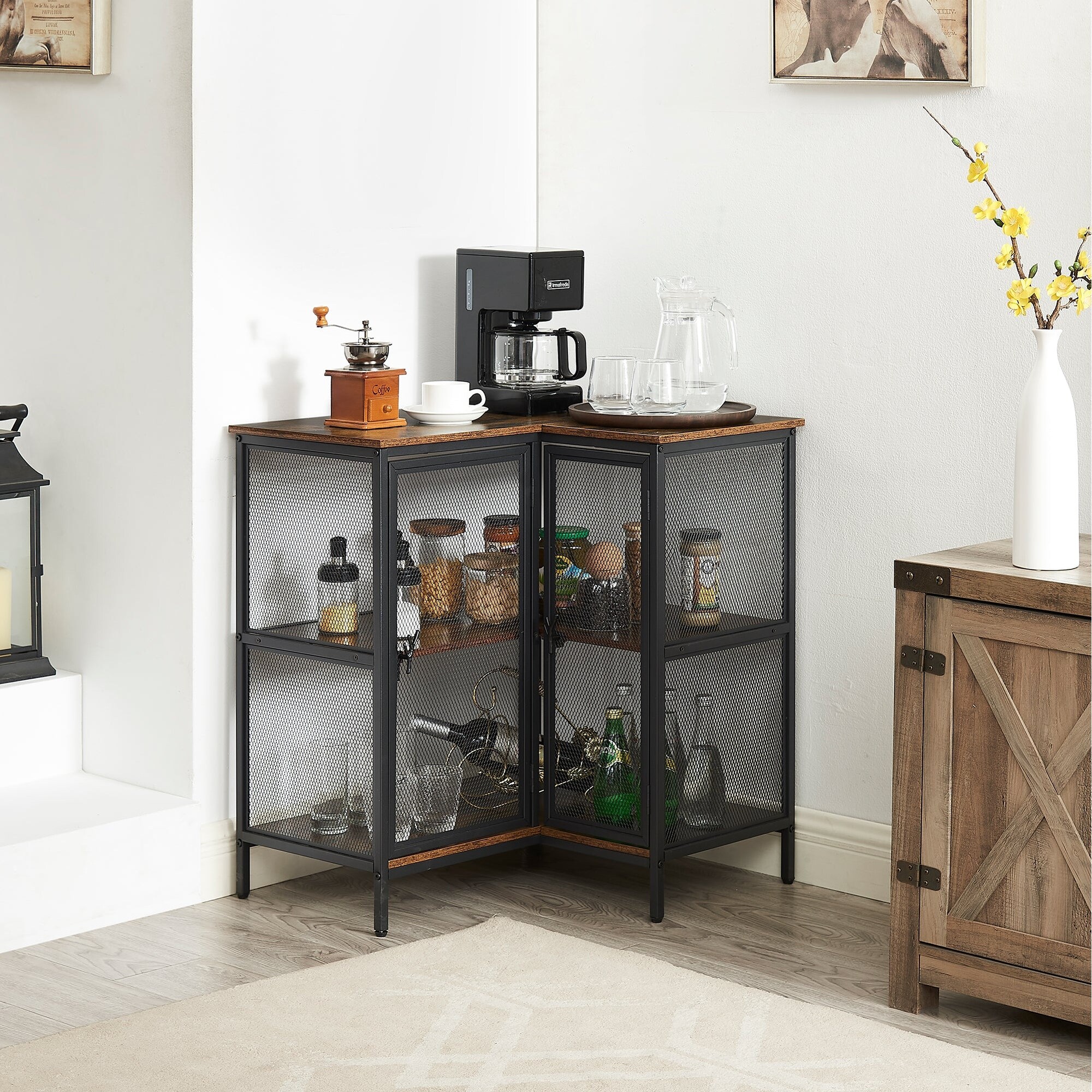 L shaped Corner Cabinet with Doors and Storage Shelves Free Standing 3 tier End Table