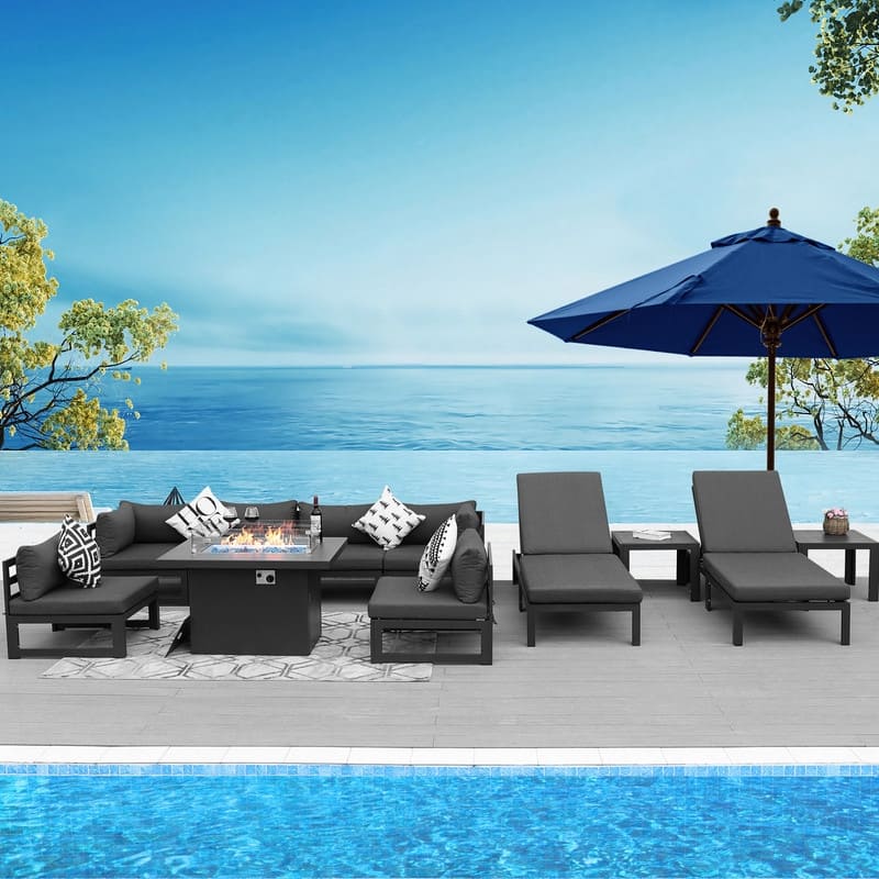 FINCATI Aluminum Outdoor Patio Furniture Conversation Sectional Sofa Set - 11 Pieces - Dark Grey
