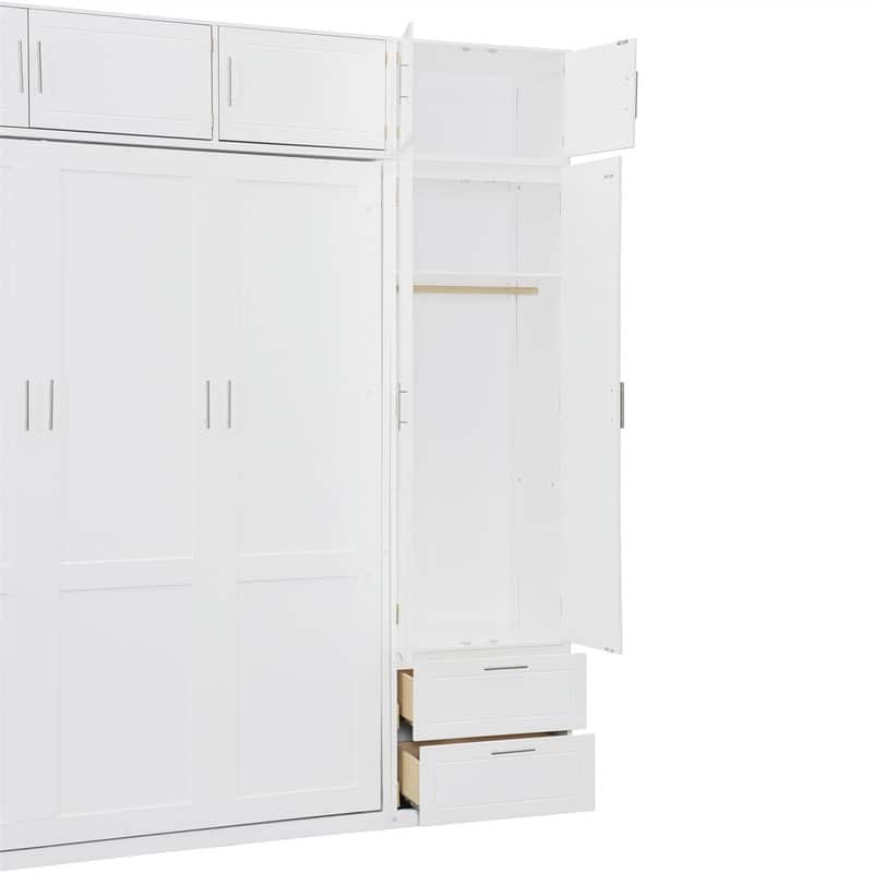 Queen Size Murphy Bed Wall Bed with Top Cabinet and Wardrobe, Space Saving Folding Murphy Cabinet Bed with 2 Drawers and Shelves