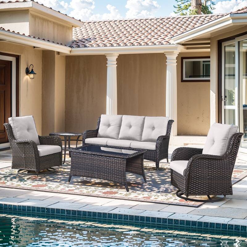 Pocassy 5 Pieces Outdoor 4 Inch Sofa Swivel Chairs Table - Beige cushion - Brown Wicker