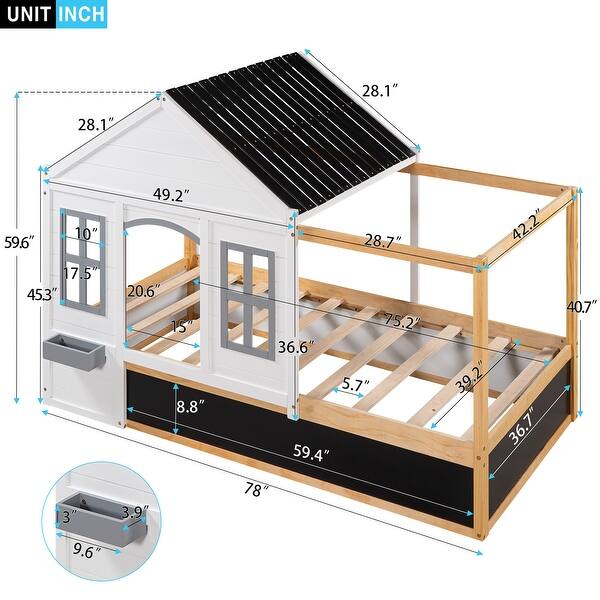 Stylish Twin House Bed with Unique Features: Black Roof, White Window, and More