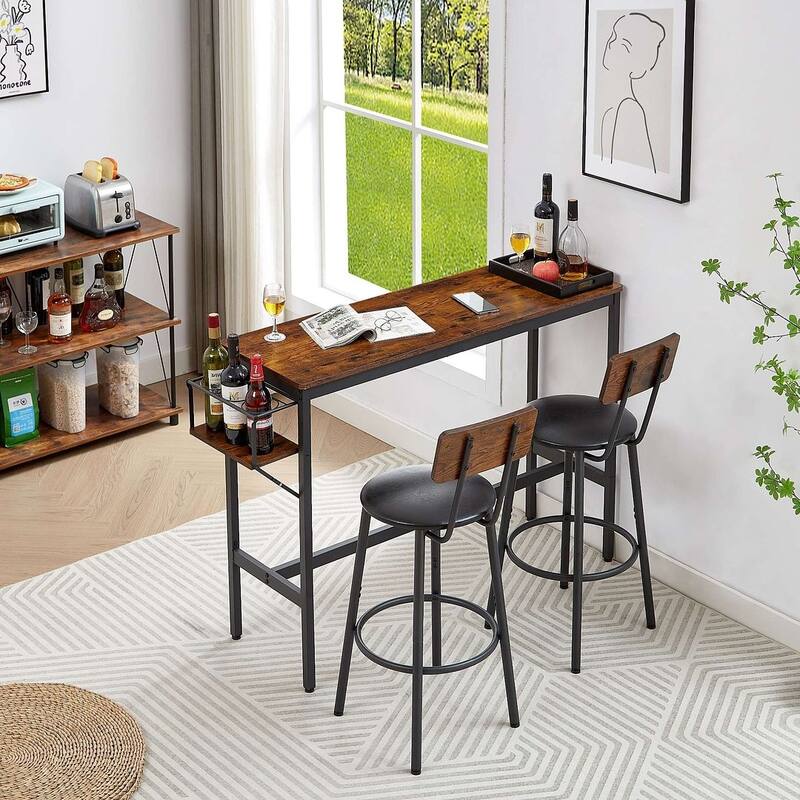 3 PCS Industrial Bar Table Set with Wine Rack