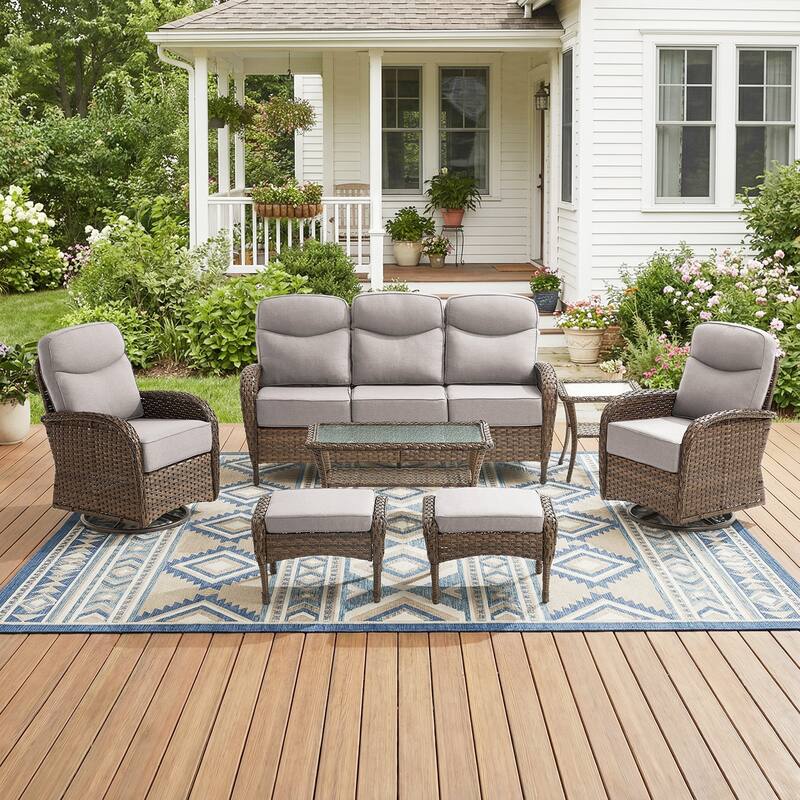 Pocassy Outdoor Sofa Swivel Chair and Ottman with Coffee Table - Brown Wicker Beige Cushion - 7-Piece Sofa Swivel Chiar Ottoman with Table