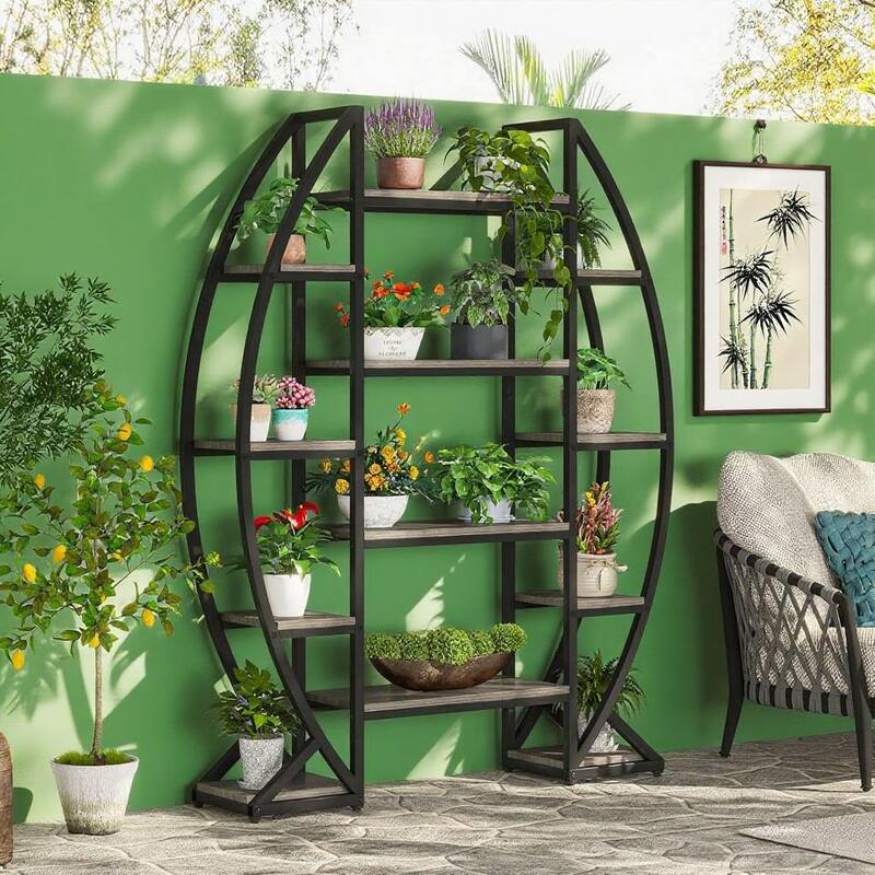 Metal and MDF 12 Shelf Half-Moon Plant Stand with Wide Display - 49.08” x 11.81” x 69.48”