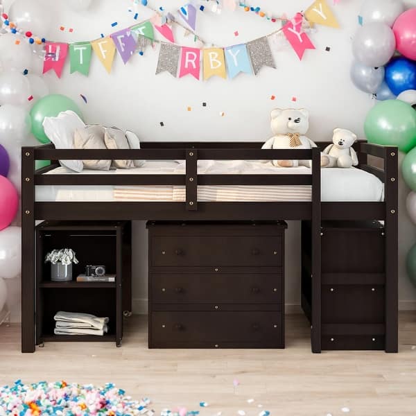 slide 2 of 15, Modern Full Size Loft Bed With Cabinet,Shelves And Rolling Portable Desk Espresso