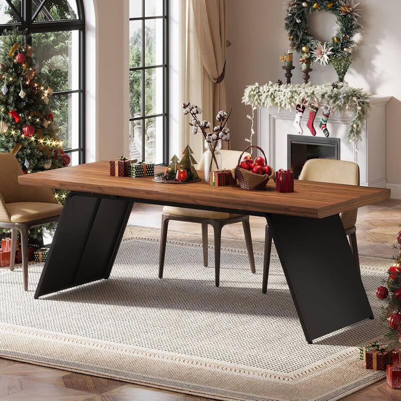 79" Long Dining Table for 6, Modern Narrow Rectangular Kitchen Table with Walnut Wooden Top & Black Metal Base