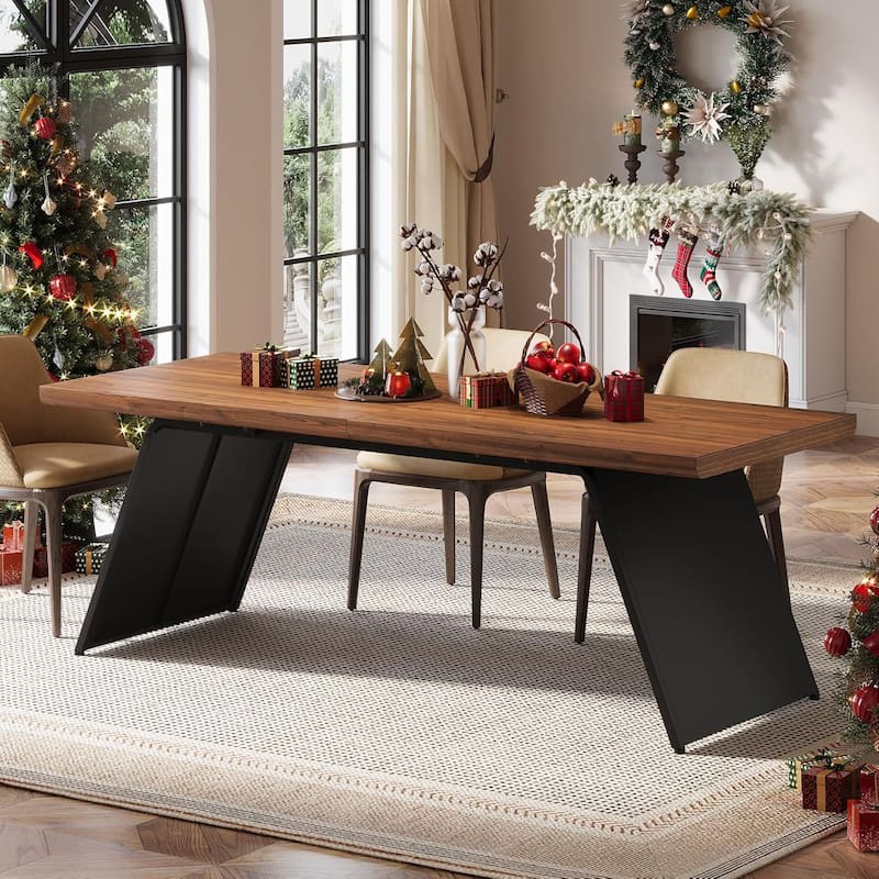 79 Inches Long Dining Table for 6 with Walnut Wooden Top - Brown & Black