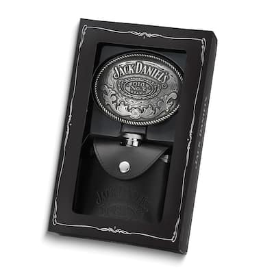 Jack Daniels Stainless Steel 4 Ounce Leather Case Flask and Belt Buckle Set