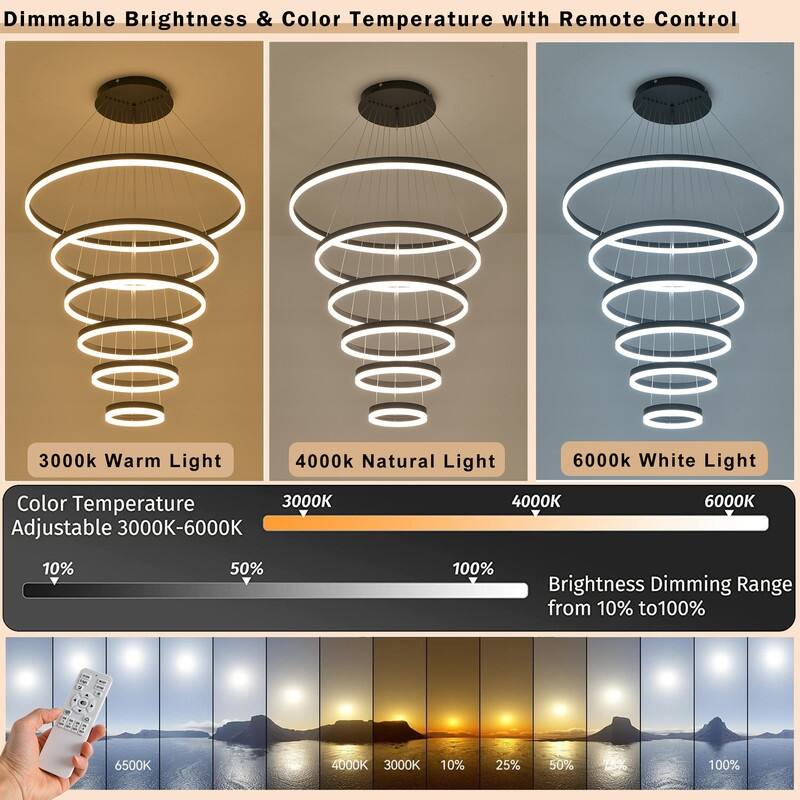 Modern Led Chandelier 6 Ring Chandelier LED Ceiling Lights with Remote