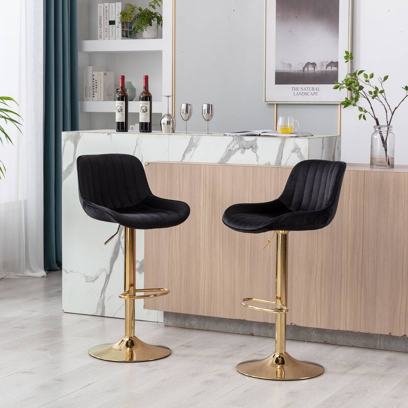 Set of 2 Adjustable Swivel Bar Stools, Black Velvet with Chrome Footrest & Gold Legs
