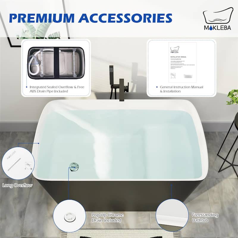 Mokleba 47" Matte Black Acrylic Freestanding-Soaking Bathtub With Seat