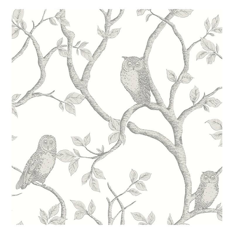 Brewster Enchanted Forest Grey Owl & Tree Wallpaper - 20.5 x 396 x 0.025