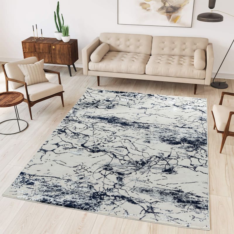 Maz Collection Beige/Navy Contemporary Area Rug