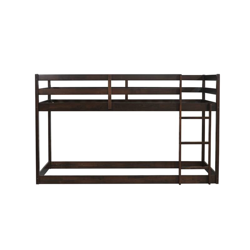Wooden Twin over Twin Floor Bunk Bed with Ladder, with Bed Platform of Strengthened Slats