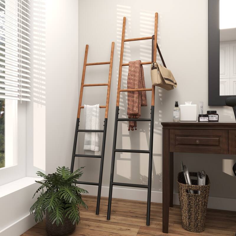 Brown Wood Slim Two-Toned 12 Rug Ladder with Black Metal Bases (Set of 2)