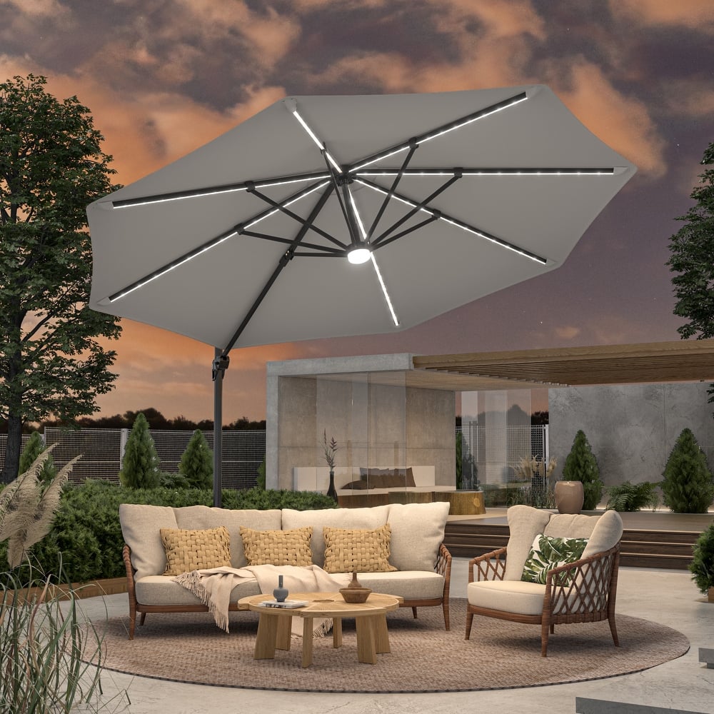 BONOSUKI 11FT LED Cantilever Patio Umbrella Angle Adjustment w/Cross Base