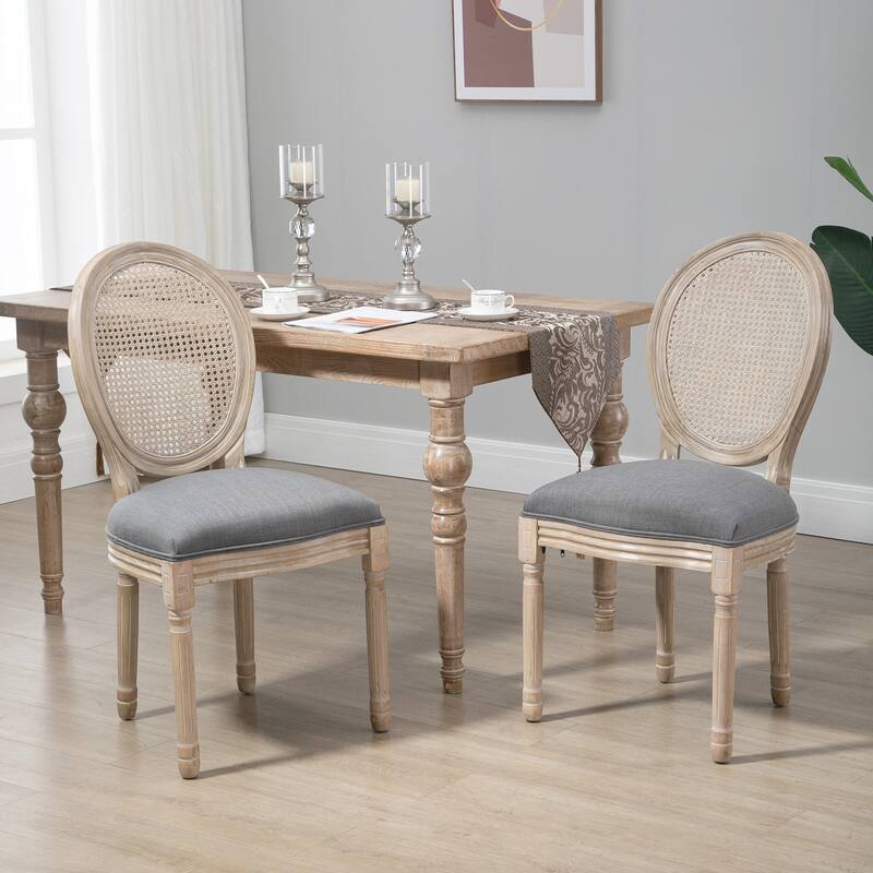 Grey Linen-Polyester Fabric Dining Chair with Curved Rattan Back Set of 2 - 19.3" L x 22" W x 37.8" H - Grey
