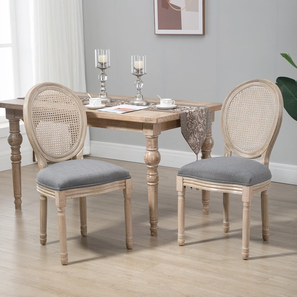 Grey Linen-Polyester Fabric Dining Chair with Curved Rattan Back Set of 2 - 19.3" L x 22" W x 37.8" H