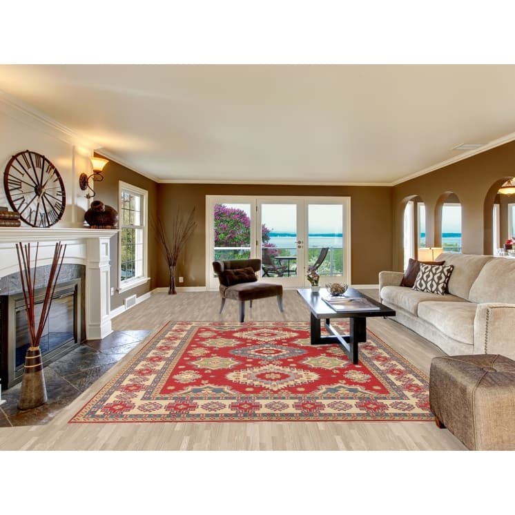 Geometric Kazak Area Rug Hand-Knotted Red Wool Carpet - 8'0" x 11'0"