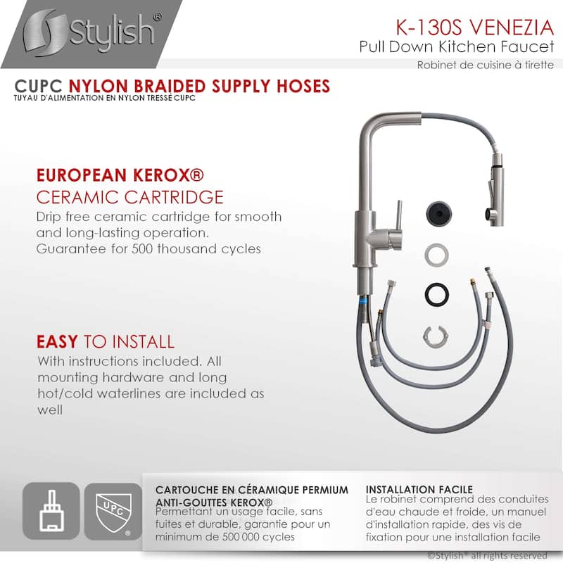 STYLISH Kitchen Sink Faucet Single Handle Pull Down Dual Mode in Stainless Steel - Faucet Height: 12 5/8" | Spout Height: 11"