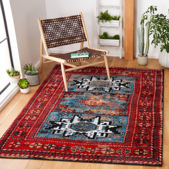 SAFAVIEH Vintage Hamadan Gody Oriental Distressed Rug - 6'7" x 6'7" Square - Red/Light Blue