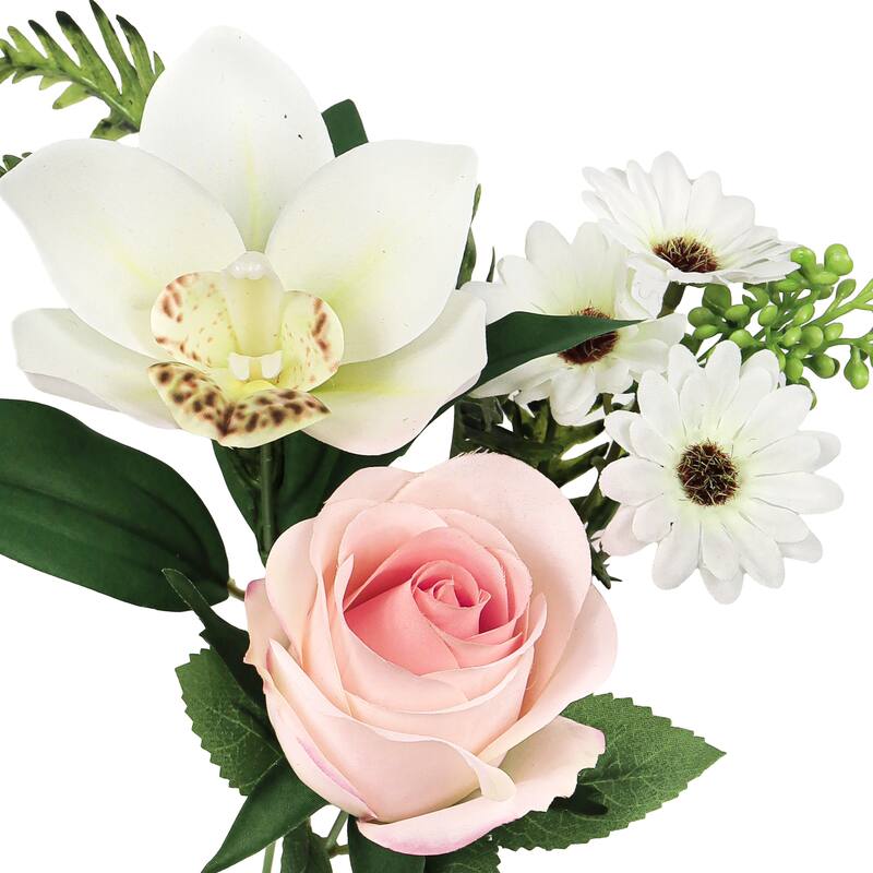 Set of 2 Cream Blush Artificial Mixed Rose Cymbidium Ochid Daisy Flower Stem Bush Bouquet 16in - 16" L x 9" W x 9" DP