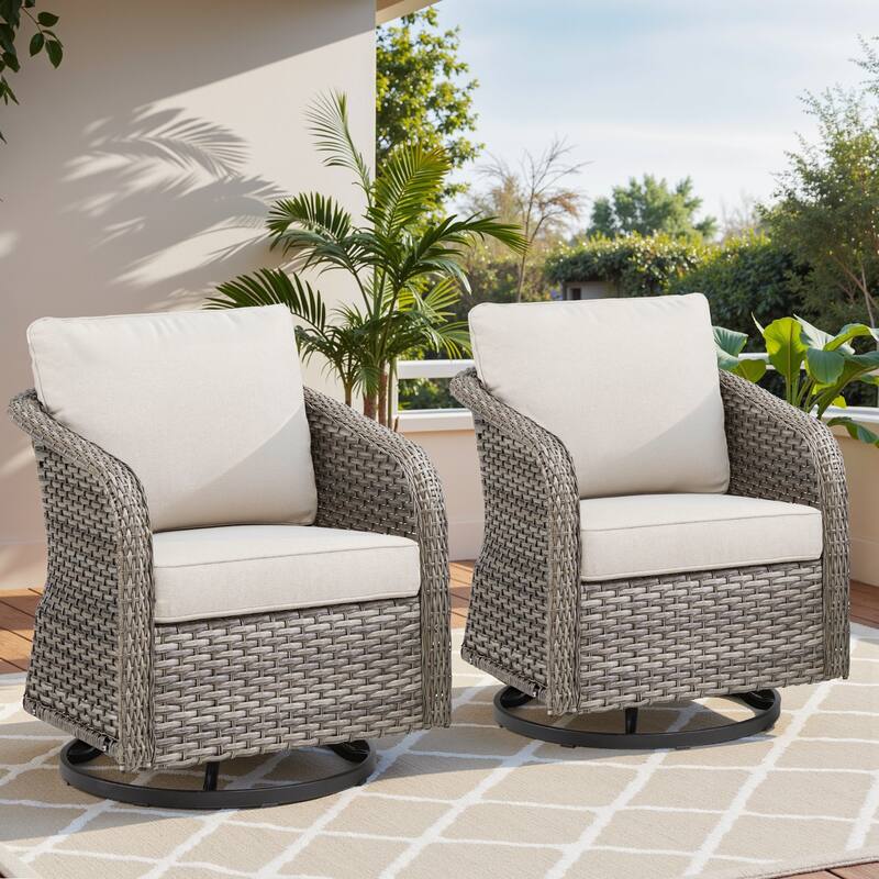 Pocassy Outdoor Patio Wicker Sofa Chair Furniture Set - Light Grey Wicker Beige Cushion - 2 Pieces Swivel Chair