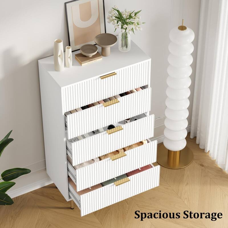5 Drawer Fluted Dresser for Bedroom, Modern Wooden Storage Chest with Gold Handles