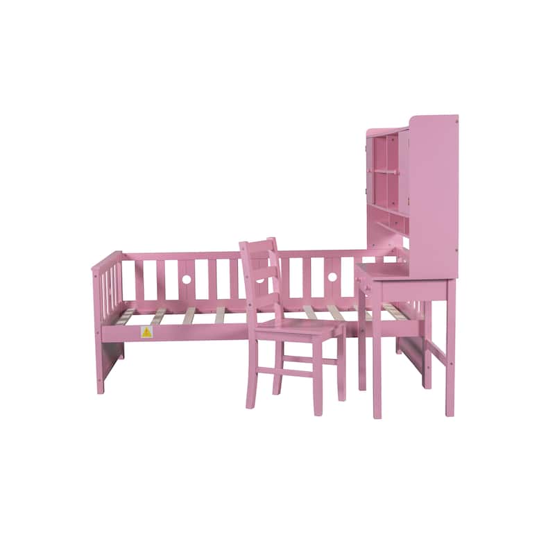 Twin Size Multifunctional Wood Platform Bed with Bookshelf at the Head of the Bed, Built-in Desk and Matching Chair, Pink