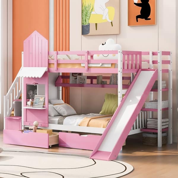 slide 2 of 19, Traditional Castle Style Twin Over Twin Bunk Bed with Slide,2 Drawers Under-Bed and Storage Staircase Pink