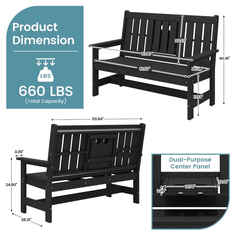 HDPE 2 Person Patio Bench with foldable Cup Holder and Functional Center Panel