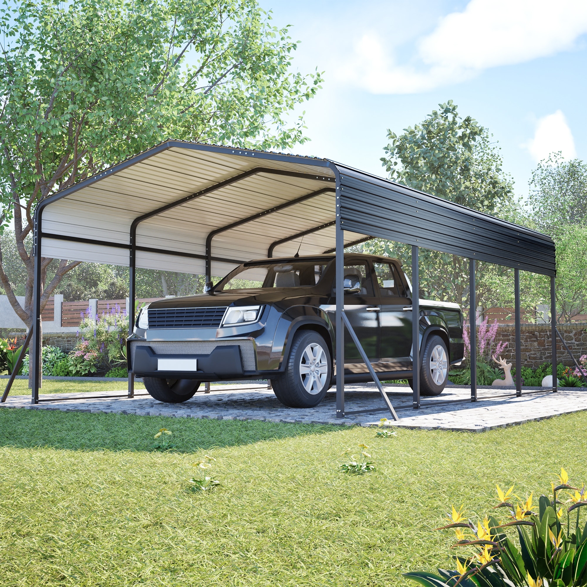 13x20 FT Metal Carport,Garage with Upgraded Triangle Reinforced Frame & 4 Poles,Galvanized Steel Hardtop Roof