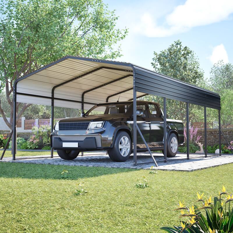 GDFStudio - Penman Heavy-duty Galvanized Steel Hardtop Carport with Upgraded Triangle Reinforced Frame for Outdoor Storage - 13x20 FT - Black