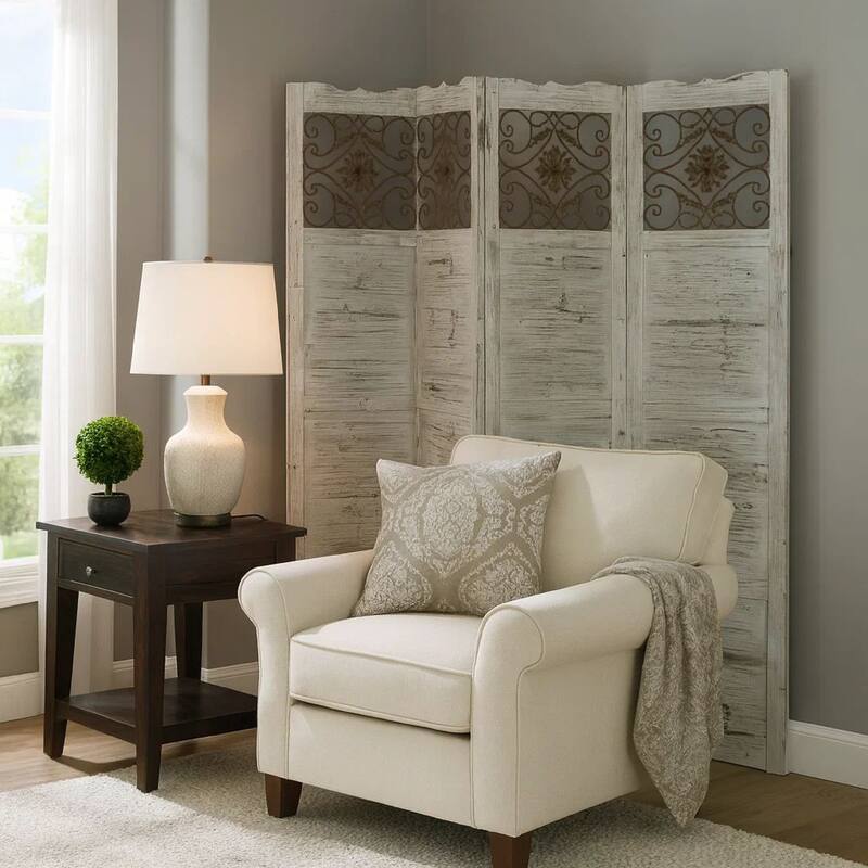Wooden 4 Panel Screen with Textured Panels and Scrolled Details, White