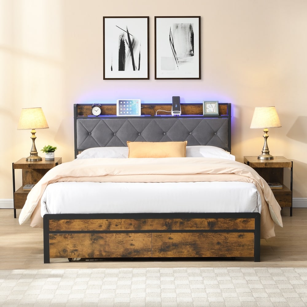 Heavy Duty Metal Bed Frame, Tufted Upholstered Headboard with Charging Station and LED, Metal Platform Bed Frame with 2 Drawers
