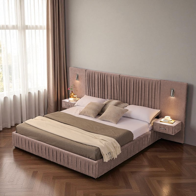 King Upholstered Platform Bed with Pleated Chenille Headboard, Built-in Bedside Table & Adjustable Lamps, No Box Spring