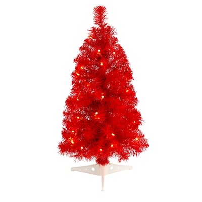 2ft. Red Artificial Christmas Tree with 35 LED Lights & 72 Branches - Festive Holiday X-Mas Accent