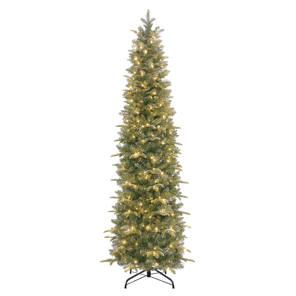 Puleo International 7.5' Pre-Lit Artificial Yardley Spruce Pencil Tree with 350 Dual-Color LED Lights