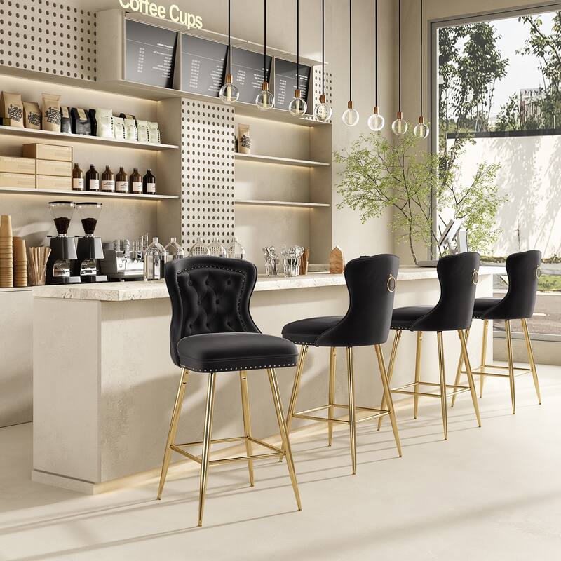Bar Stools Set Of 2, Velvet Counter Height Bar Stools With Metal Legs, Button Tufted And Nailheads Trim