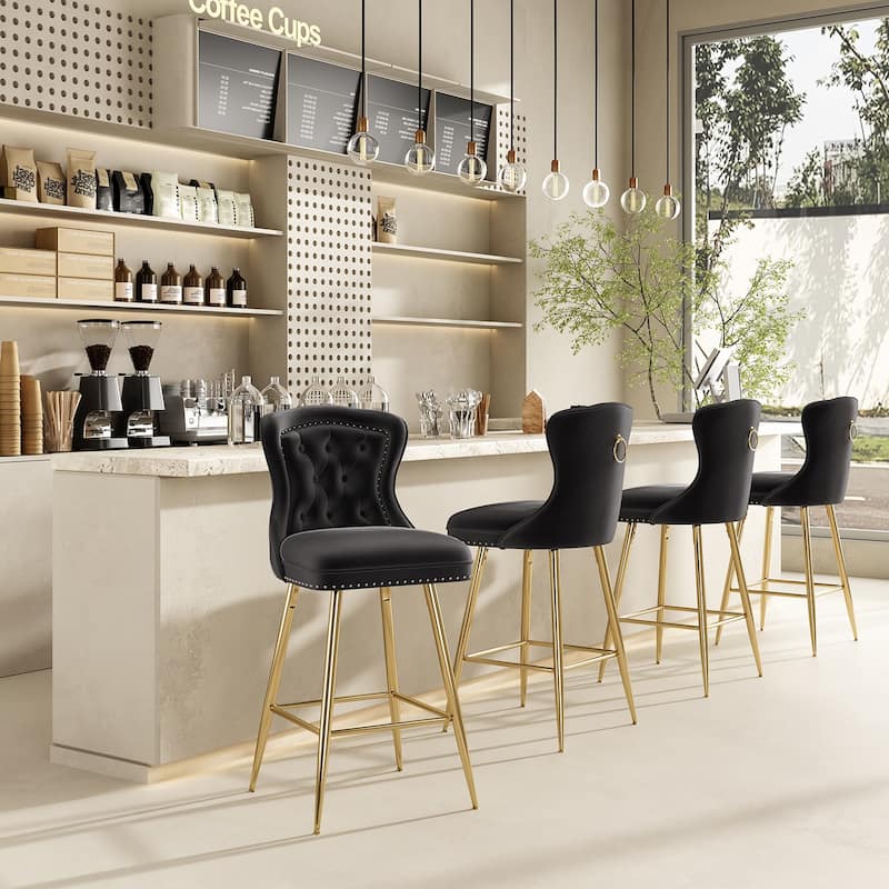 Bar Stools Set of 2, Velvet Counter Height Bar Stools with Metal Legs, Button Tufted and Nailheads Trim, Wing-Back Bar Chairs