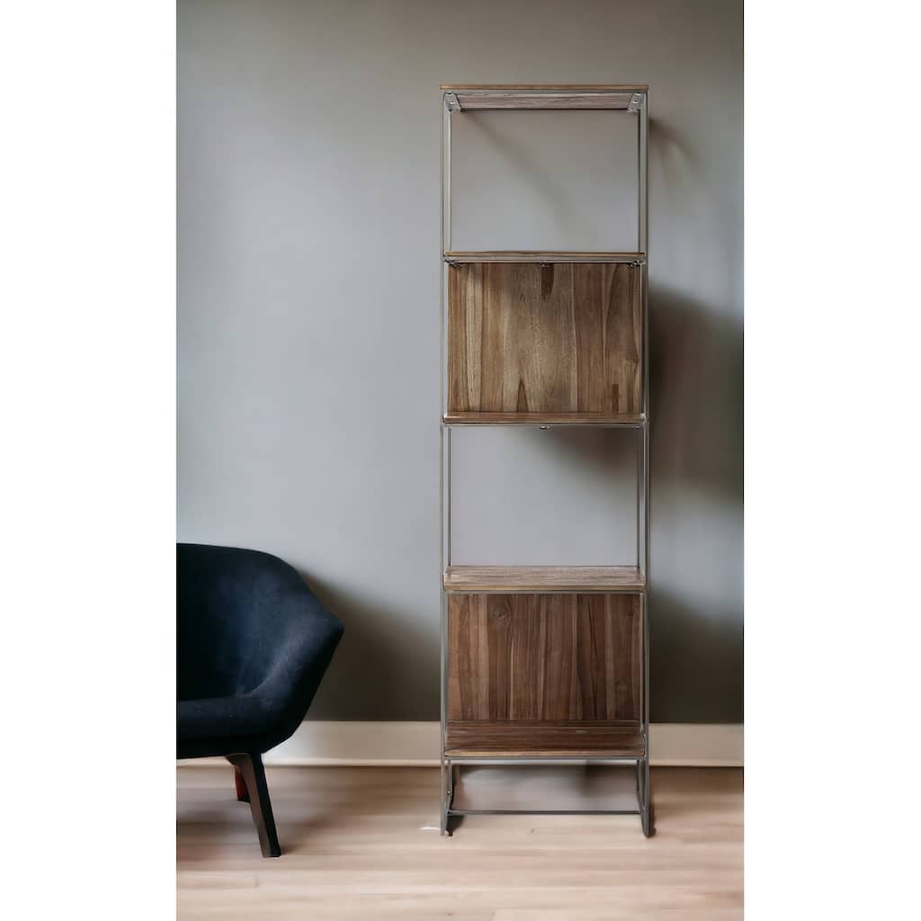 HomeRoots Brown Wood And Silver Metal Frame With 4 Shelf Shelving Unit
