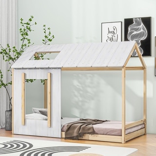 Twin Wood House Bed with Charming Roof Design