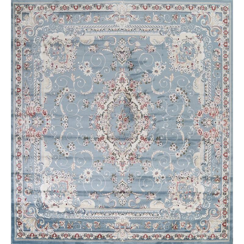 Light Blue Floral Medallion Transitional Turkish Rug Oriental Carpet - 9'10" x 9'10" Square - Blue