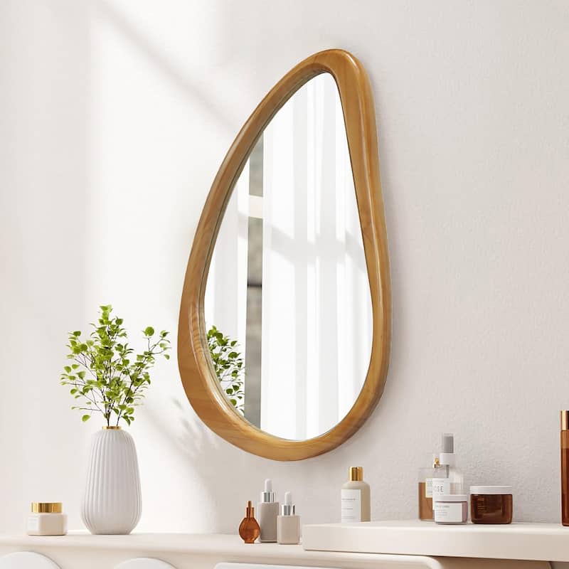 Modern Irregular Teardrop Wooden Wall Mirror, 29.92" x 20.08" Decorative Accent Mirror for Bathroom, Bedroom, Living Room