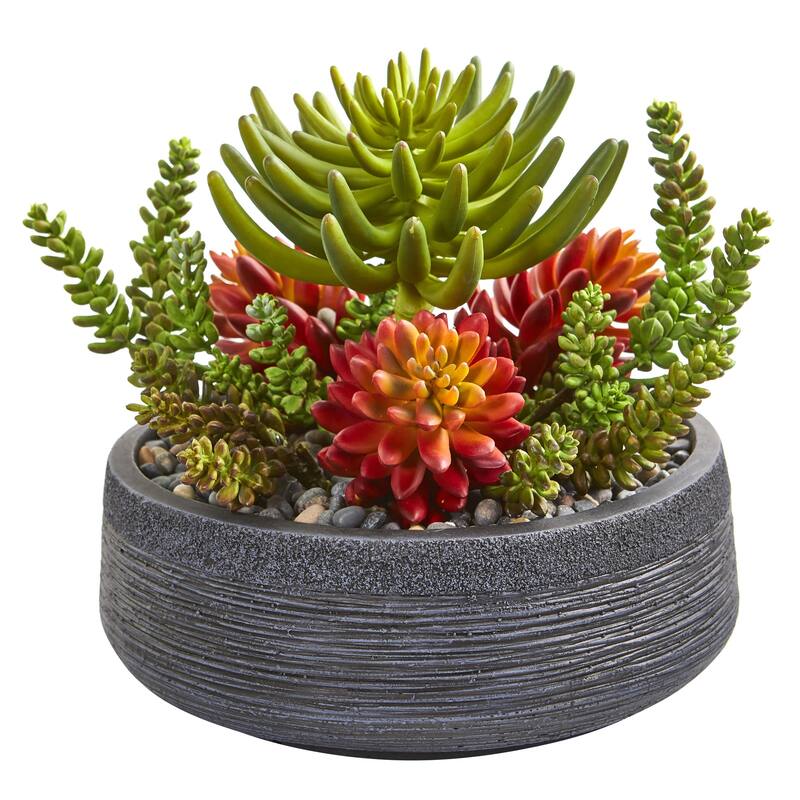12" Succulent Garden Artificial Plant in Decorative Bowl