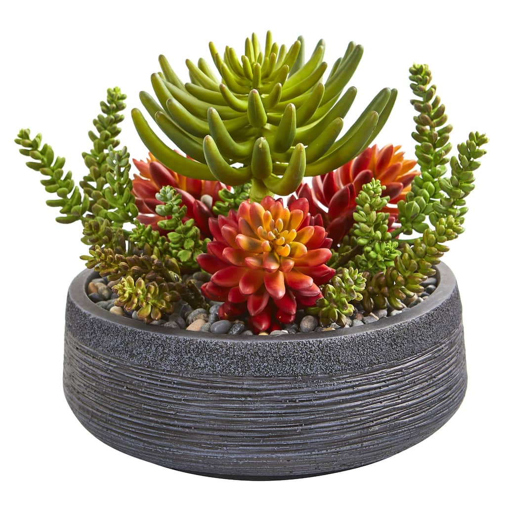 12" Succulent Garden Artificial Plant in Decorative Bowl